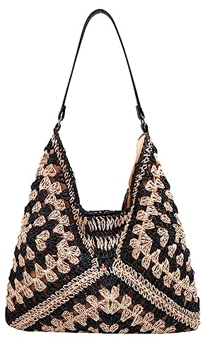 GSenhui Strohtasche Strandtaschen für Damen, Boho Stroh Schultertaschen, Stroh Handtasche Damen Basttasche Sommer Korbtaschen Stroh Mesh Tote Bag für Strand Pool Beruf
