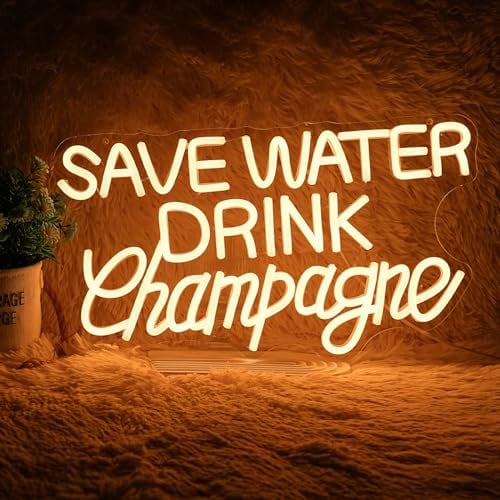 Save Water Drink Champagne Neon Sign, Neon Sign For Wall Decor, Art Led Light for Resturant Signage Welcome Sign Bar Lounge Pub Wedding Party Decoration Personalized Gift (16.7 x 9.4 in)