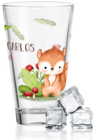 GRAVURZEILE Wasserglas mit UV-Druck - Tiergruppe Wald Design - Personalisiert mit Wunschname - Geschenke für Jungen & Mädchen Kinder zum Geburtstag Einschulung - Geeignet als Trinkglas - Eichhörnchen
