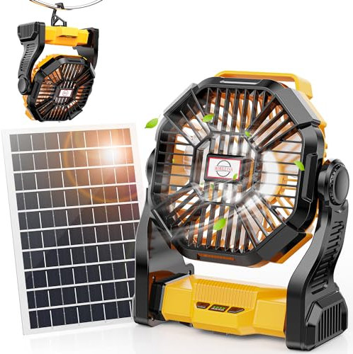 Art In Real 10400mAh Solar Fan, Camping Fan with 7W Panel/LED Lantern, Rechargeable Battery Operated Solar Powered for Outdoor & Indoor - Travel, Picnic, Barbecue, Fishing