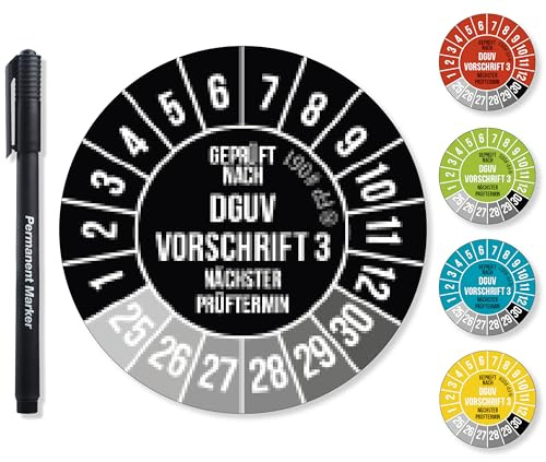 Frank Paperman® DGUV V3 Prüfplaketten Schwarz inkl. Folienstift, Prüfplaketten Nächster Prüftermin, UV-beständig, Hohe Klebkraft, 5 Farben, 2 Größen (300, 20 mm)