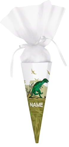 Striefchen® Schultüte Dinosaurier mit Namen Ihres Kindes - eckig, fertig gebastelt (28 cm Grün)