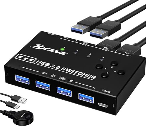 YOUTINGHDAV USB Switch 4 Computer, USB 3.0 Switch 4 Port 4 in 4 out 5Gbps USB Switcher for 4 Computer Share Mouse Keyboard Compatible with Laptop with Wired Remote and 4 Cables