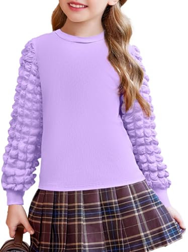 Arshiner Ragazze Manica Lunga Maniche a Sbuffo Bambine T-Shirt Collo Rotondo Maglione Casual Moda Lungo Abbigliamento Autunno Inverno Elegante Manica Lunga per Ragazze 11-12 Anni Viola Chiaro