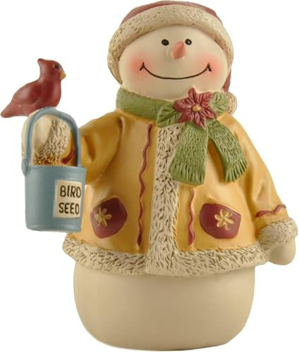 PlentifulHome Snowman Figurine Ornament – 9.5cm Hand-Painted Resin Winter Snowman with Bird and Birdseed Bucket, Christmas Decoration for Tabletop, Mantel or Festive Gift Display
