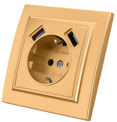 Enchufe de pared con enchufe empotrable USB,2 enchufes USB,Enchufe de pared interior 250V AC 16A,Enchufe de tierra oro color