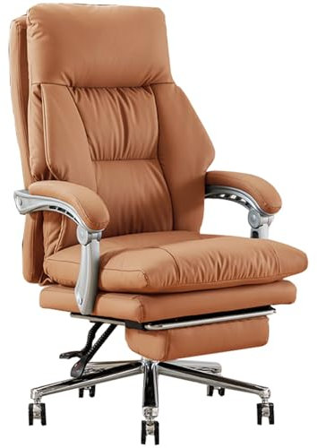 Chefsessel, Computerstuhl aus echtem Leder, ergonomischer Drehstuhl mit einziehbarer Fußstütze, Verstellbarer Höhe und Rückenlehne für das Home-Office (Farbe: Bernstein)