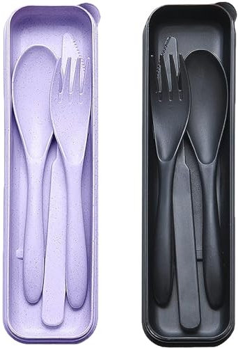 Portable Cutlery Set with Case, 2 Sets Reusable Plastic Knife Fork Spoon Tableware Set, Travel Utensils Set for Camping Picnic Office School or Daily Use (Black+Purple)