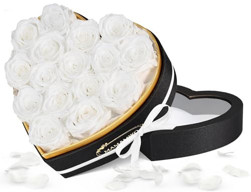 MAMAMIKO 16 Pièces Rose Eternelle en Boîte en Forme Cœur - Fleur Eternelle Cadeau, Rose Eternel Blanche-Cadeau St-Valentin, Anniversaire, pour Femme, Mere, Copine, Amie, Fête des Mères/Grands-Mères
