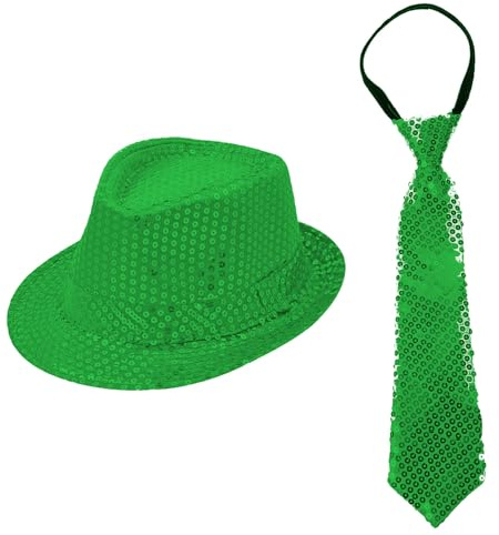 Sternfabrik Pailletten Krawatte & Trilby Hut im Set GRÜN Herren Damen Kinder Karneval Faschings-kostüm Glitzeroutfit Disco