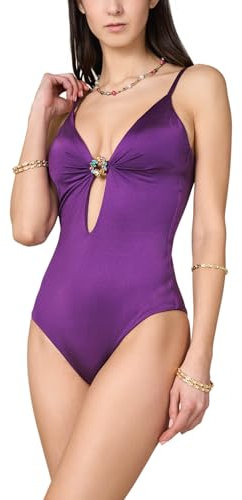 Goldenpoint Donna Costume da Bagno con Accessorio - Costume Intero a Triangolo con Anello e Pietre con Imbottitura Removibile in Microfibra Tinta Unita Taglia 2B Colore Viola
