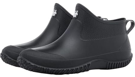 Stivali di gomma da donna, corti, larghi, da giardino, piatti, antiscivolo, impermeabili, in tinta unita, slip on, Nero , 39 EU