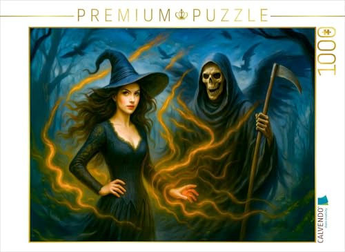 Puzzle · Kräuterhexe mit Gevatter Tod | Hexe mit Sensemann im Zauberwald · 1000 Teile · Lege-Größe 64 × 48 cm · CALVENDO Puzzle