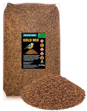 Grumpy Gardener Bird Seed - Gold Mix Deluxe Wild Bird Food, 12.75 Kg | No Waste High Energy Wild Bird Seed Mix with Sunflower, Oats, Nuts, Dates, Millet and Mealworms for Garden Feeding