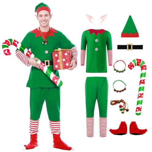 Joyesplay Elfen Kostüm Herren Damen Grün Elfen Weihnachten Elf Kostüm
