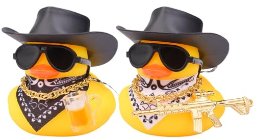 Lokideer Gummi Ente Auto Dekorationen, 2 Stück Ente Auto Armaturenbrett Ornamente mit Cowboyhut Sonnenbrille Bier-Requisiten, Party Auto Dekoration und Heimdekoration Party Geschenke