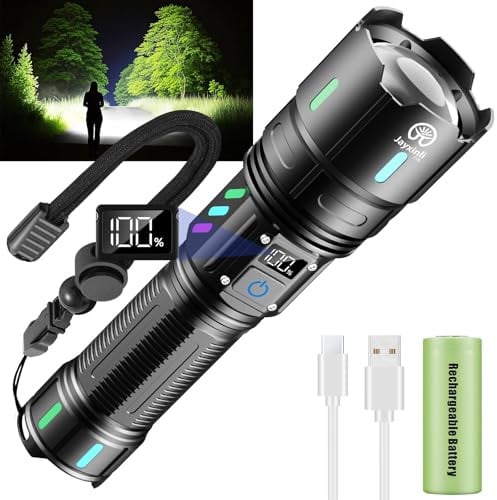 Jayxinli Taschenlampe LED Aufladbar 1000000 Lumen Extrem Hell | 5000mAh LCD Akku-Anzeige 5 Beleuchtungsmodi Zoombar IP67 Wasserdicht für Camping & Outdoor