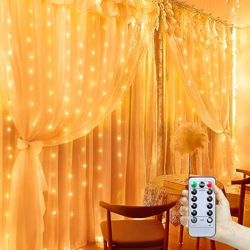 KRUMAD LED Lichtervorhang 3x3 m – 300 Warmweiß Lichter mit Fernbedienung & USB – 8 Modi & Dimmfunktion – Lichterkette Vorhang Fenster Innen – Weihnachtsbeleuchtung & Deko