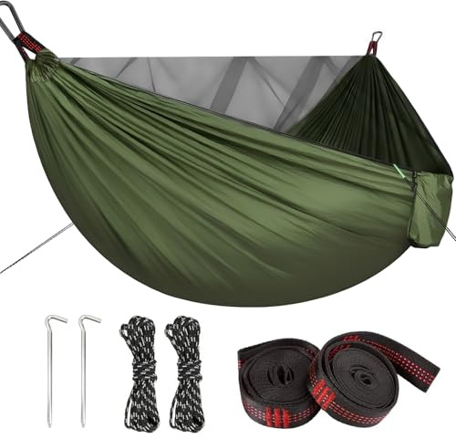 Zumhigh Camping Hammock 290x140CM with Mosquito Net, Ultra Lightweight Durable 210T Parachute Nylon Travel with Tree Straps Easy to Setup Hammock Camping for Outdoor