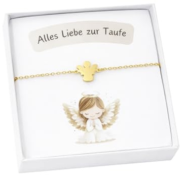 Armband zur Taufe mit Schutzengel Anhänger, Gold, Taufschmuck für Mädchen und Jungen, Geschenk mit Engel Motiv in Geschenkbox
