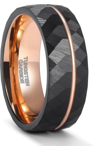Grewod Eheringe Hochzeit, Herren und Damen Wolfram 8mm Schwarz Rosegold Ring Bicolor Gebürstet mit Rillen Verlobungsringe Schlicht Größe 61 (19.4)