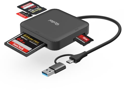 Rollei 4 in 1 Kartenlesegerät für SD/microSD/CF/MS mit USB 3.0 & USB-C | Kartenleser Unterstützt Gleichzeitiges 2-Karten-Lesen OTG Plug & Play Card Reader für iPhone 17/16/15 Serie Android Mac PC