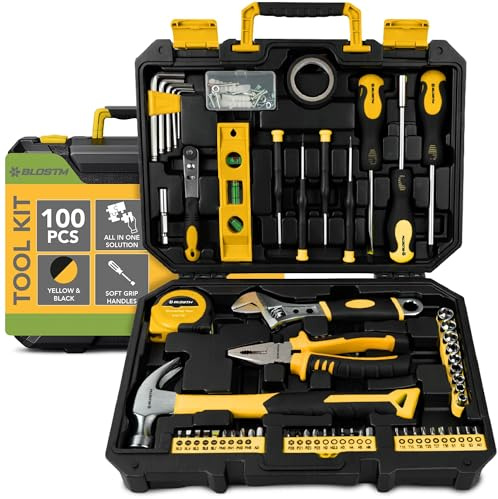 BLOSTM 100 Piece Tool Kit - Home Tool Set (Yellow/Black) | Essential Hand Tools for DIY, Home Repairs, Portable Plastic Tool Box with Hammer, Pliers, Screwdrivers, Hex Keys & More