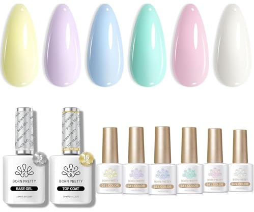 BORN PRETTY Gel Base and Top Coat + Pastel Gel Nail Polish 6 Rainbow Colors
