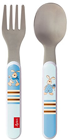 sigikid, 24874 Enfant Garçon Couverts de Table Fourchette + Cuillère, Inox et Plastique ABS, Semmel Bunny Bleu, 14 cm