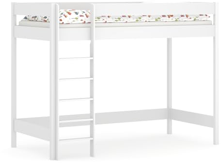 WNM Group Hochbett mit Matratze HUBI - Kinderbett mit Rausfallschutz und Lattenrost - Absturzsicherung Hochbett - Jugendbett - Kinderhochbetten - 180x90x160 - Weiß