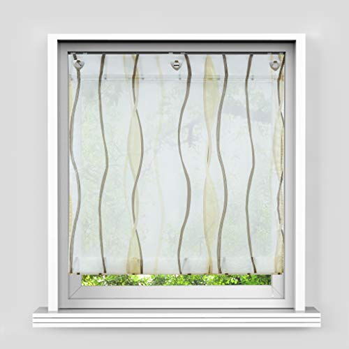 HongYa Raffrollo mit Wellen Druck Transparenter Voile Raffgardine Vorhang mit Hakenösen H/B 140/80 cm Creme Braun
