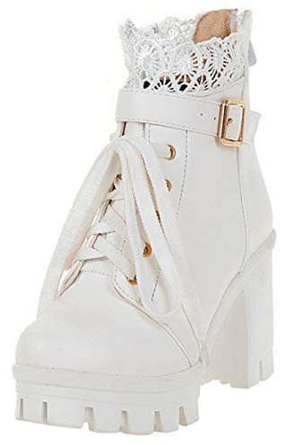 High Heels Ankle Boots Plateau Stiefeletten mit Blockabsatz Schnürung und 10cm Absatz Winter Schuhe (Weiße,40)