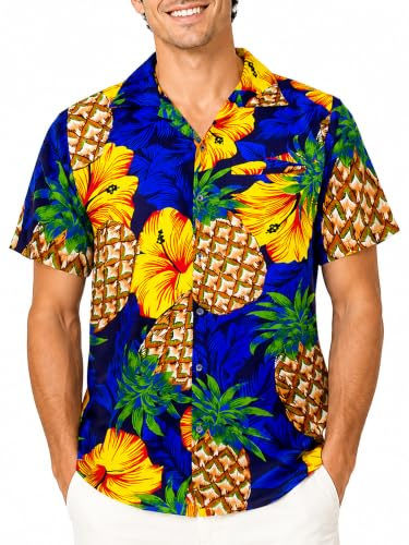 King Kameha Funky Hawaii-Hemd, Herren, Kurzarm, Pineapple-Hibiscus, Blau, 3XL