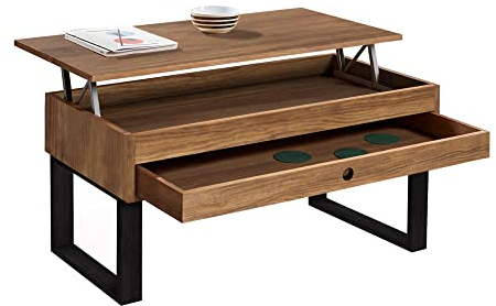 HOGAR24 ES Vanir - Mesa de Centro Elevable Cajón Deslizante, Diseño Industrial-Vintage, Madera Maciza Natural y Patas Color Negro. Medidas: 100x50x47 cm