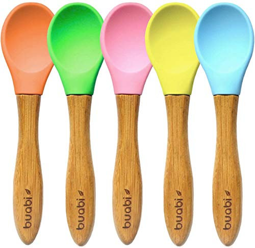 BUABI set 5 cuillères pour Bébé et Enfant, fabriqué avec bambou et silicone. Produit écologique et sans BPA