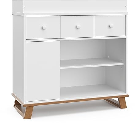 Storkcraft Modern Nursery Changing Table Dresser Combo (White & Vintage Driftwood) – GREENGUARD Gold Certified, Dresser for Nursery, Changing Table with Drawers, Removable Changing Table Topper