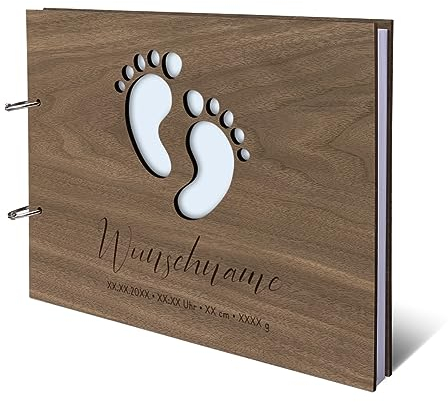 Baby Gästebuch Holz mit Lederrücken Gravur individuell Holzcover 72 Blatt | 144 Seiten DIN A4 quer 302x215mm - Fußabdrücke