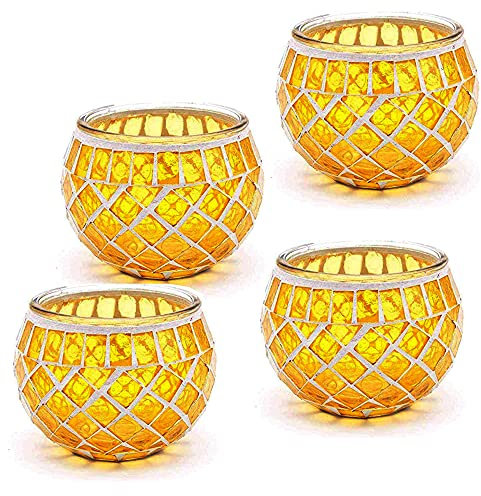 Mosaic Glass Candle Holder Vintage Jar Tealight Holders, Home Decoration with upto 8 Hour Burn Tea Light Candles (Golden Yellow 4 Pack)