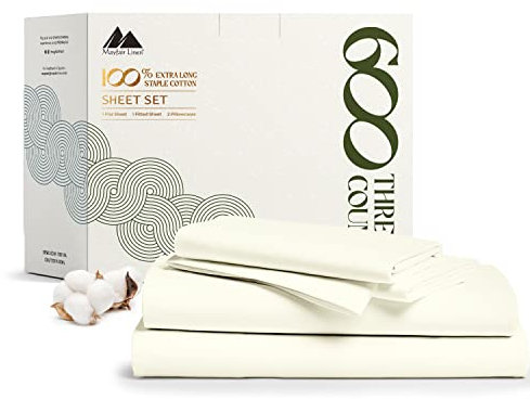 Bettlaken-Set mit Fadenzahl 600, 100 % Baumwolle, seidig und weich wie ägyptische Baumwolle, Satin-Gewebe, 4-teiliges Bettlaken in Hotelqualität (elfenbeinfarben)