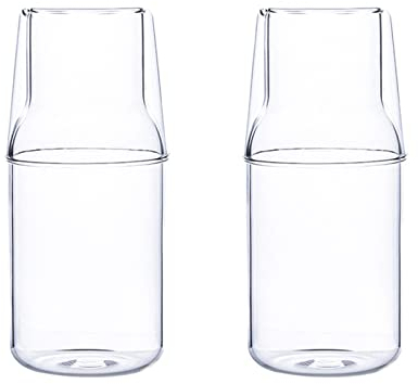 MISNODE 2 x 360 ml Nachttisch-Wasserkaraffen-Set mit Becher, Becher für Schlafzimmer, Nachttisch, Glas-Mundspülflasche für Badezimmer, klarer Saft, Wasserkrug