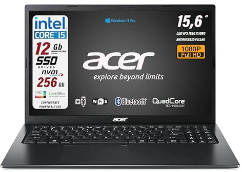 acer, Pc Portatile Notebook, Intel i5-1235u, Ram 12Gb, SSD 256 Gb, Display 15,6 FHD, Hdmi, lan, wifi-6, Bluetooth, webcam, Win 11 Pro, Preconfigurato, Garanzia Italia