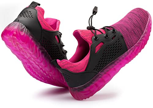 IYVW 830 Chaussure de Securite Femmes légère Basket de Securite Coussin d'air Embout Acier Chaussures de Travail Respirant S1 SRA rose rouge 39 EU