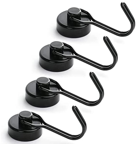 XOPOZON 4 Pack Magnetic Hooks, Extra Strong Neodymium Pull Magnet, Heavy Duty for Fridge BBQ Indoor Outdoor Hanging Classroom Tools (Black)