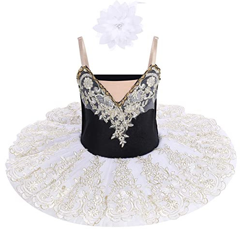 IBAKOM Girls Ballet Dance Swan Lake Tutu Dress Strap Lace Rhinestone Camisole Gymnastic Leotard Figure Skating Dancewear Ballerina Outfit with Flower Hairclip White+Black 11-12 Years