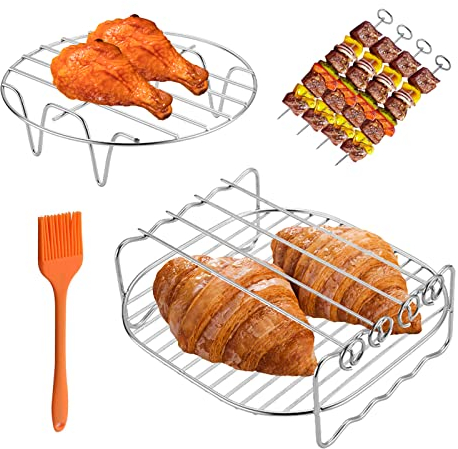 BoloShine Estante de Freidora de Aire, Estante Acero Inoxidable Multiusos de Doble Capa con 4 Brocheta + 1 Cepillo de Aceite, Juego de Estante Soporte de Metal para Freidora de Aire Cocinar