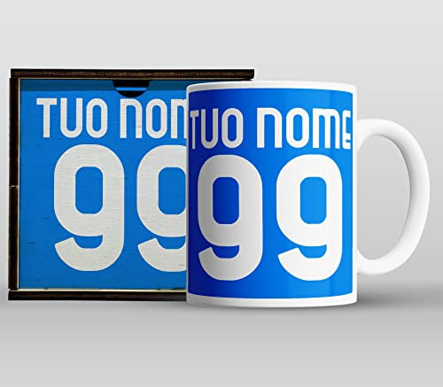 Vestipassioni Tazza mug con box in legno PERSONALIZZATA con numero e nome splendida idea regalo squadra del cuore tifosi sportivi calcio (Celeste)