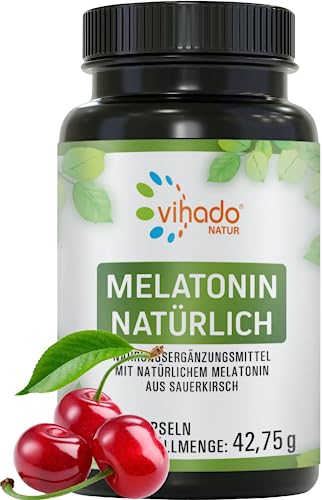 Vihado Natur Melatonin hochdosiert, Innovation: natürliches Melatonin aus Sauerkirsch, zusätzlich Ashwagandha, Passionsblume, Lavendel, 90 Kapseln