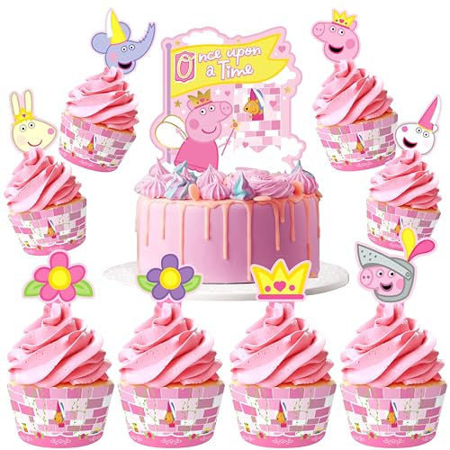 Treasures Gifted Offiziell lizenziertes Prinzessin Peppa Wutz Geburtstagsparty-Zubehör – Peppa Wutz Kuchendekorationen und Dekorationen – 1 Tortenaufsatz und 24 Cupcake-Topper & Wrappers