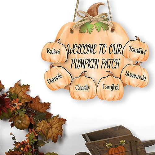 Collienght Porte citrouille personnalisée à suspendre avec noms d'enfants de 1 à 8 noms d'enfants grand-père et grand-mère petite citrouilles signe famille citrouille décor automne ferme rustique