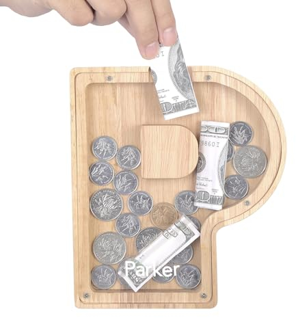 TsunNee Holz Brief Spardose Sparschwein Kreative Brief Münzbank Spardose mit Klare Alphabet Aufkleber, Spardose für Kinder Weihnachten Geburtstagsgeschenk Home DIY Dekoration (Helles Holz P, S)
